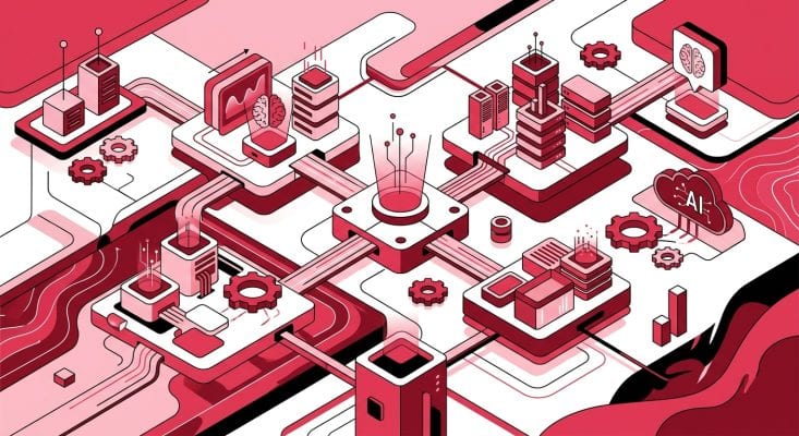 איור איזומטרי של תשתית טכנולוגית עם שרתים, בינה מלאכותית וחיבורי רשת