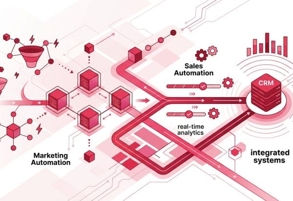 איור טכנולוגי של מערכת CRM משולבת עם אוטומציית שיווק ומכירות ואנליטיקס בזמן אמת