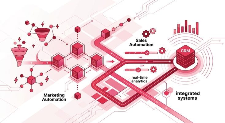 איור טכנולוגי של מערכת CRM משולבת עם אוטומציית שיווק ומכירות ואנליטיקס בזמן אמת